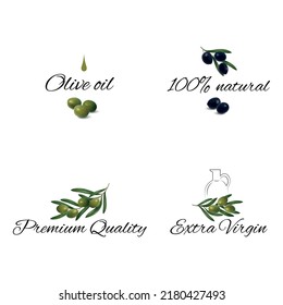 Vector collection of olive oil labels. Set of design template packaging for olive oil. Labels with text olive oil, 100% natural, extra virgin, premium quality. Hand drawn printable template