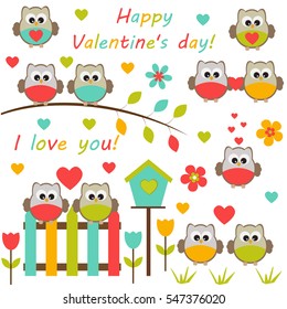 Vector collection on theme of Valentine's day. Lovers owls sitting on a branch with hearts among the flowers.