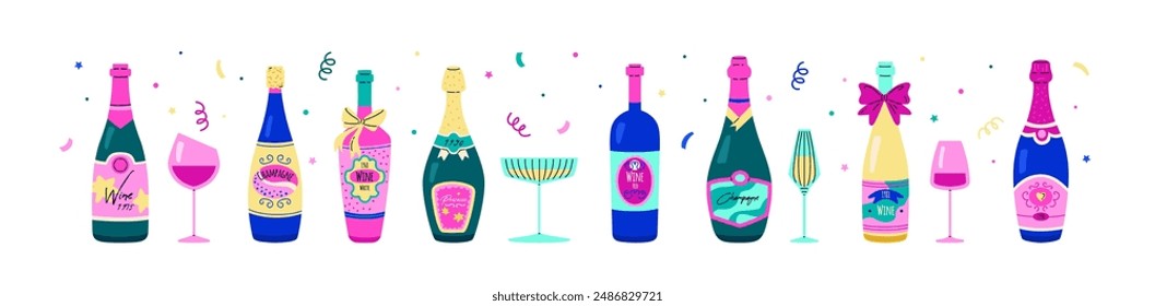 A vector collection on a wine theme: various bottles, red and dry wine, all with labels and bows. Glasses included, to add elegance on a white background.