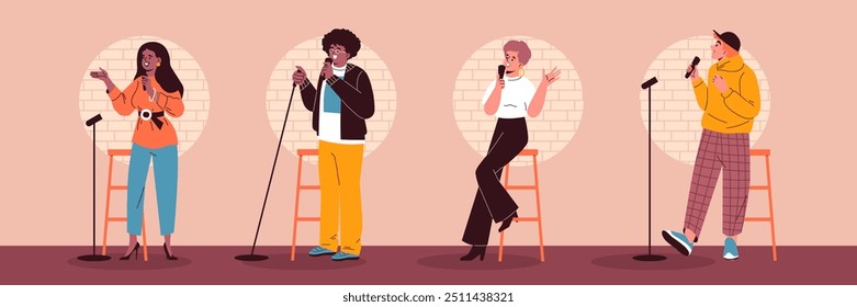 A vector collection with an open microphone: women and men with a microphone in their hands, uttering jokes, a humorous monologue on a modern stage