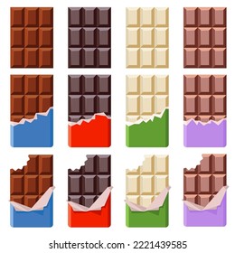 vector collection of opened dark, milk and white chocolate bars with a piece of chocolate bar in paper wrapper. chocolate bars isolated on white background.