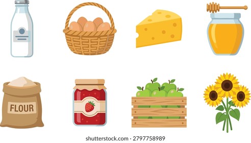 A vector collection of organic farm products and natural food ingredients including milk, eggs, cheese, honey, flour, fruit, jam, and sunflowers. Ideal for food packaging, agriculture branding, grocery marketing, nutrition content, and farm-to-table design projects.