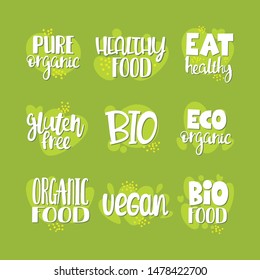 Vector collection of organic labels. Handwritten lettering. Eco, bio, vegan