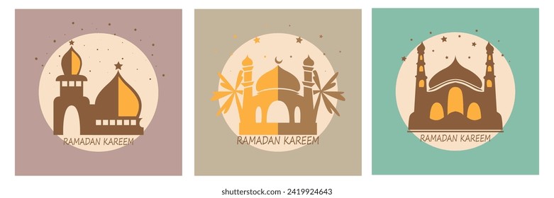 Vektorgrafik von islamischen Moscheen im orientalischen Stil mit modernem Boho-Design, Mond, Moschee-Kuppeln und Laternen.Ramadan Kareem