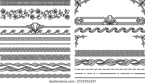 Coleção vetorial de bordas e divisores ornamentais. Inclui padrões florais, geométricos, ondulados, chave grega e nó celta adequados para certificados, convites, diplomas e design de menu. Arte isolada em linha preta sobre fundo branco.