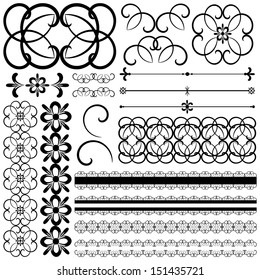 Vector collection of ornamental design elements and objects. Black and white floral elements.