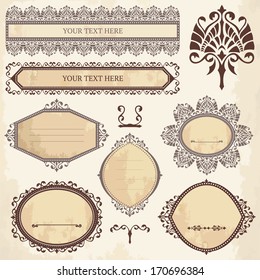 Vector collection of ornamental  frames and ribbons  in vintage colors. 