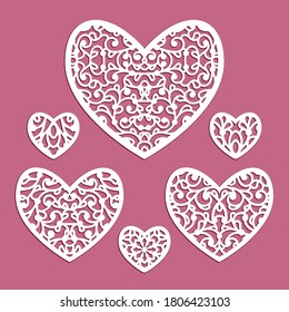 Vector collection of ornamental hearts with lace pattern, set of elegant templates for laser cutting, cutout paper decoration for wedding invitation or Valentine’s day greeting card