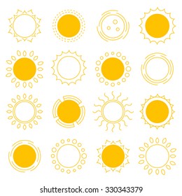 Vector collection outline sun icons and design elements. Set of abstract symbols of the sun. Weather symbols and icons.