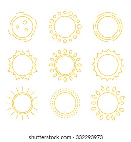 Vector collection outline sun icons and design elements. Set of abstract symbols of the sun.