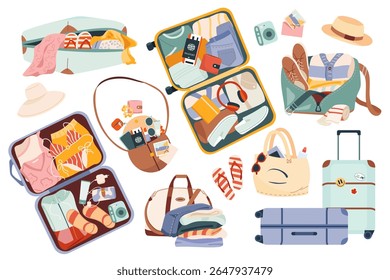 Coleção vetorial de bagagem de verão embalada, bolsas e acessórios de viagem para planejador de viagem, cartão de férias, impressão de férias, banner ou cartaz. Malas turísticas abertas, roupas, sapatos, documentos e gadgets