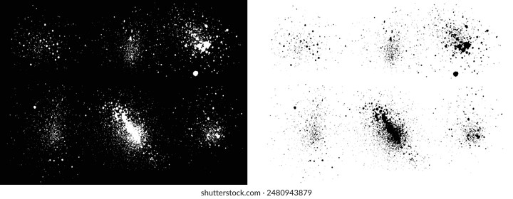 Vector de colección de pincel blanco y negro trazo gota de fondo de sangre. Vector negro y blanco horror sangre salpicadura de tinta pincel trazo blot conjunto de fondo
