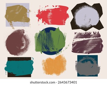 Vector collection of paintbrush. Set of brush strokes bundle. Color round text boxes and grunge blotches. Splatters elements. Dirty distress texture banners. Ink painted shapes dry brush on canvas.
