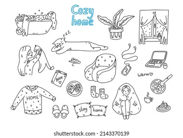 Vector Collection of a painted Girl with Cozy Autumn Household Items. Sweater, Plaid, Bubble Bath, Laptop, Cat, Book, Pillows, Chair. Set of Hand Drawn Doodles Isolated on a white background.