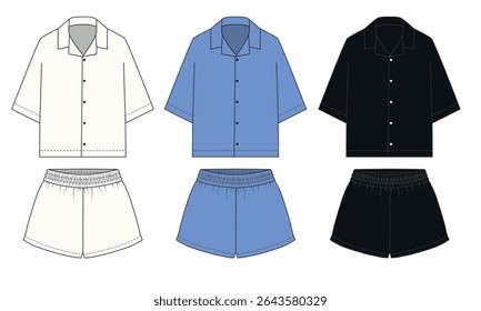 Coleção de vetor de camisa de pijama e desenhos de calções, branco, azul, cores pretas. Esboço de shorts de verão com banda elástica e camisa de manga curta. Modelo em branco de terno shorts e camisa com bolso.