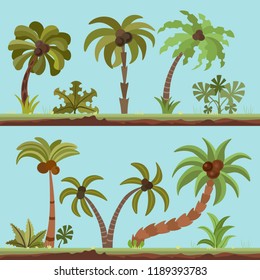 Vector collection of palm trees, cartooning flat style. Palm tree set in summer tropical colors. Green palms isolated on blue background. Lush palm resort collection with bushes, leaves, tropical