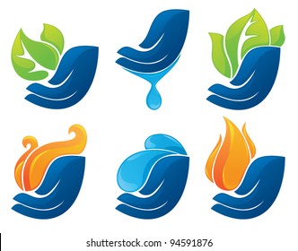 vector collection of palms and nature symbols: leaves, fire and water
