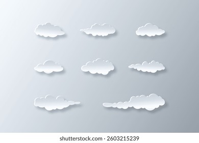vector collection of papercut style white clouds with shadows and highlights