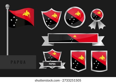 Vector colección de Papúa Nueva Guinea banderas nacionales y emblemas. Incluye bandera ondeante, escudos, insignias, cintas, Anuncios con fondo negro superior, diagonal roja, pájaro dorado del paraíso y cinco estrellas blancas sobre fondo oscuro.