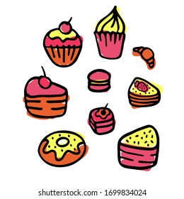 Vector collection of party pastry, cakes and sweets icons. Hand drawn illustration with Cakes and cupcakes.