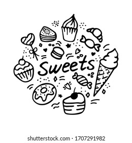 Vector collection of party pastry, cakes and sweets icons. Hand drawn illustration with Cakes and cupcakes.