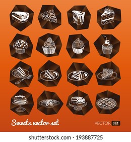 Vector collection of party pastry, cakes and sweets icons. Hand drawn retro illustration with Cakes and cupcakes. Teatime set.