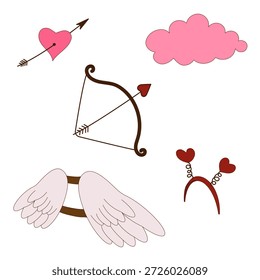 Vector collection of party props for February 14th. Set includes angel wings, bow and arrow, and heart headband. Isolated design elements for photo booth, costume creation, or holiday decoration