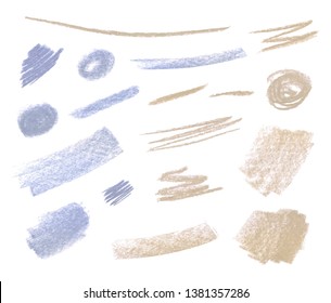 Vector Collection of Pastel Crayons Isolated on White Background, Blue and Beuge Brush Stroke Templates.
