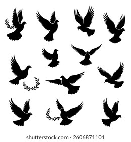 Vector collection of peaceful doves with olive branches, simple and classic design isolated on white background 