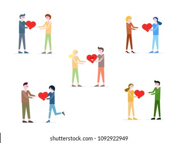 Vector collection of people giving red heart to each other. Mother and daughter, son and father, friends, couple, people in love concept. Symbol of love, gratitude and friendship. Donation concept