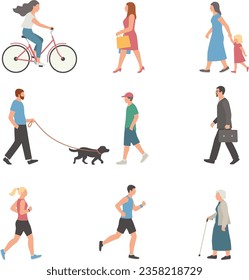 Vector collection of people going about their business, walking or exercising, jogging