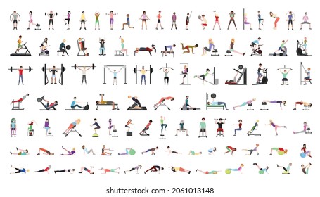 Vector collection of people in the gym. Characters doing exercises with sports equipments.