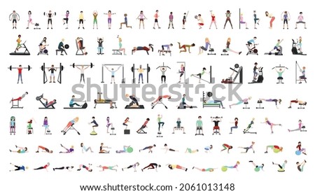 Vector collection of people in the gym. Characters doing exercises with sports equipments.