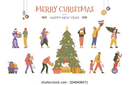 Colección de vectores de personas y robots con regalos de Navidad. Árbol de Navidad con cajas actuales. 
