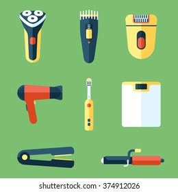 Vector collection of personal care and beauty appliances. Flat style.