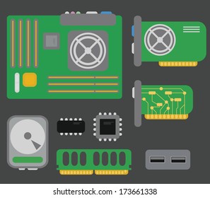 vector collection of personal computer parts: motherboard, video card, hard drive, network card, usb connector, coolers, chips, isolated on grey background