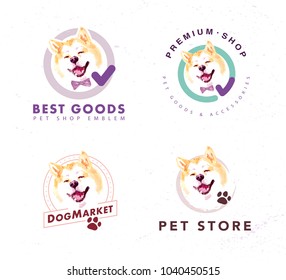 Vector collection of pet shop & store logo insignia with artistic hand drawn watercolor akita dog smiling on white background.