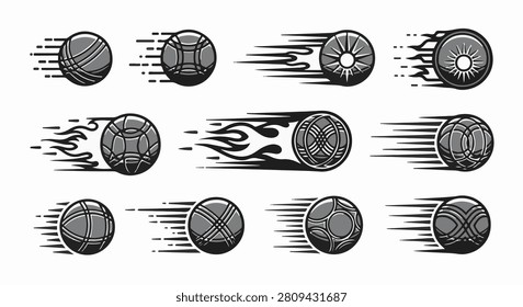 Vector collection of petanque boules with motion trails and fire effects. Grayscale petanque balls in flight with speed lines on white background for sports logo and graphic design.