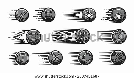 Vector collection of petanque boules with motion trails and fire effects. Grayscale petanque balls in flight with speed lines on white background for sports logo and graphic design.