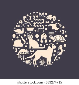 Vector collection of pets, including dog, cat, rabbit, tortoise, parrot, snake, guinea pig, chameleon, hamster, tarantula and canary arranged in a circle, isolated on dark background.