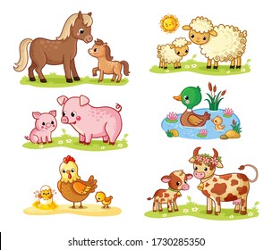 Vector collection with pets and their children. Big set on a farm theme in cartoon style with mom and baby horse, cow, pig on a white background.