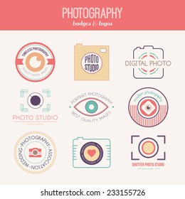 Vector collection of photography logo templates. Photocam logotypes. Photography vintage badges and icons. Modern mass media icons. Photo labels.  