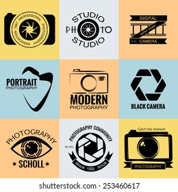 Vector collection of photography logo templates. Photocam logotypes. Photography vintage badges and icons. Modern mass media icons. Photo labels. 