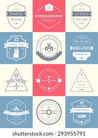 Vector collection of photography and videography logo templates. Photocam, wedding and aerial footage logotypes. Photography vintage badges and icons. Modern mass media icons. Photo labels.