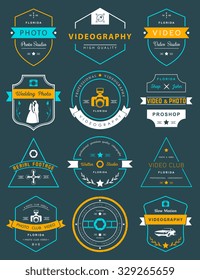Vector collection of photography and videography logo templates. Photocam, wedding and aerial footage logotypes. Photography vintage badges and icons. Modern mass media icons. Photo labels.