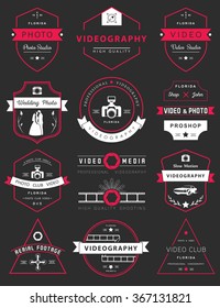 Vector collection of photography and videography logo templates. Photocam, wedding and aerial footage logotypes. Photography vintage badges and icons. Modern mass media icons. Photo labels.