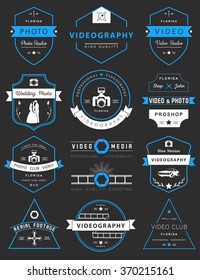 Vector collection of photography and videography logo templates. Photocam, wedding and aerial footage logotypes. Photography vintage badges and icons. Modern mass media icons. Photo labels.