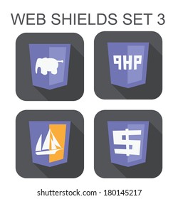 vector collection of php web development shield signs: php elephant, php administrator boat, dollar sign. isolated icons on white background