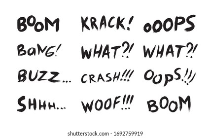 Vector collection of phrases, and comic words for sales, chats, and expressive messages. Set with black and white lettering on a white background.