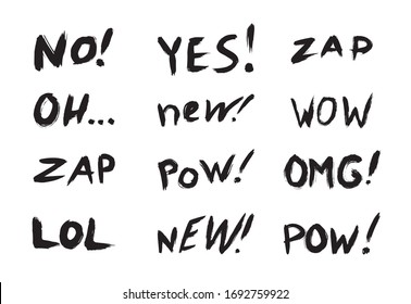 Vector collection of phrases, and comic words for sales, chats, and expressive messages. Set with black and white lettering on a white background.